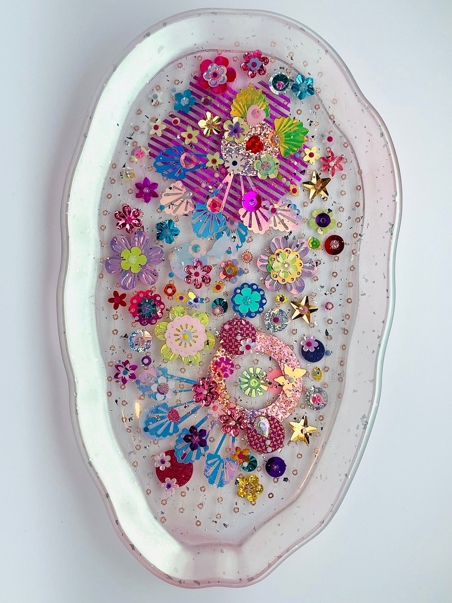 Plateau Décoratif en Résine avec Sequins et Perles - Mini Jardin Imaginaire Rose et perlé - Exclusivité Muz Fabrique