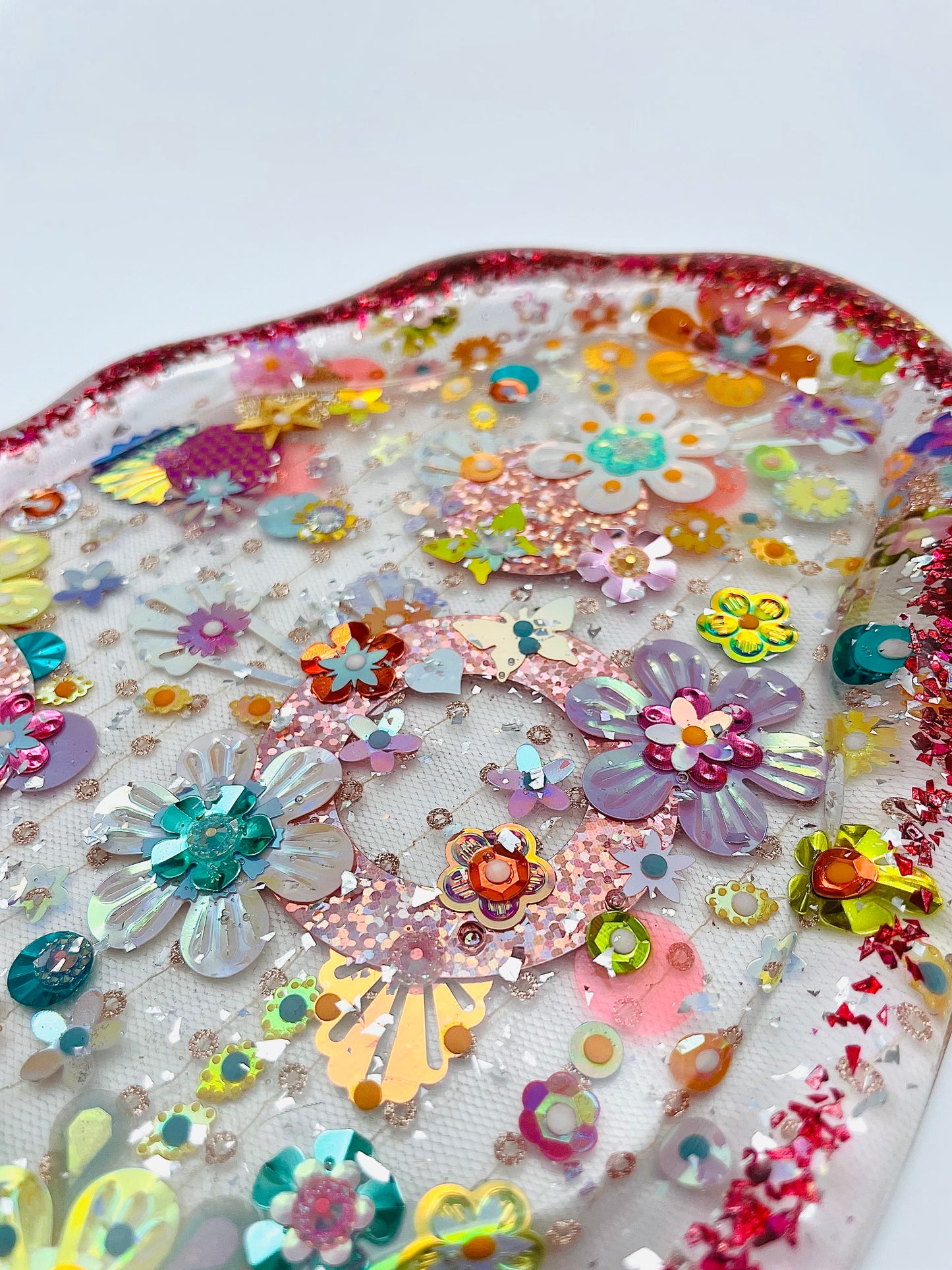Plateau Décoratif en Résine avec Sequins et Perles - Mini Jardin Imaginaire Paillettes Rose - Exclusivité Muz Fabrique
