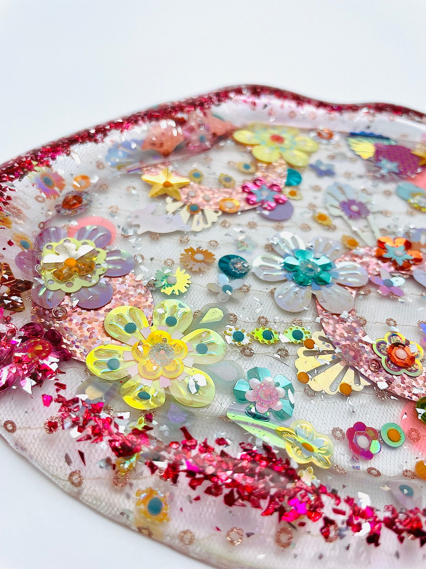 Plateau Décoratif en Résine avec Sequins et Perles - Mini Jardin Imaginaire Paillettes Rose - Exclusivité Muz Fabrique