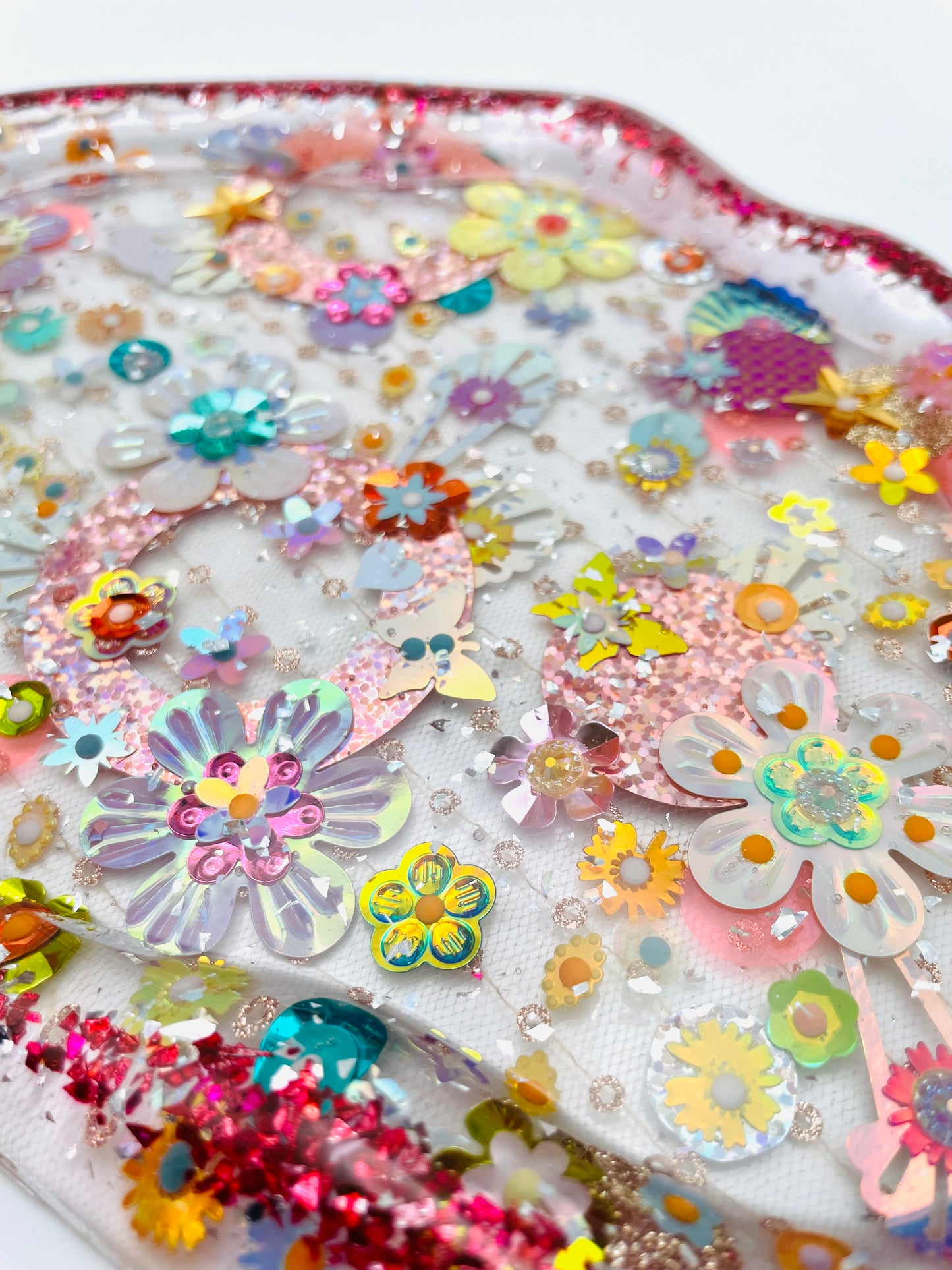 Plateau Décoratif en Résine avec Sequins et Perles - Mini Jardin Imaginaire Paillettes Rose - Exclusivité Muz Fabrique