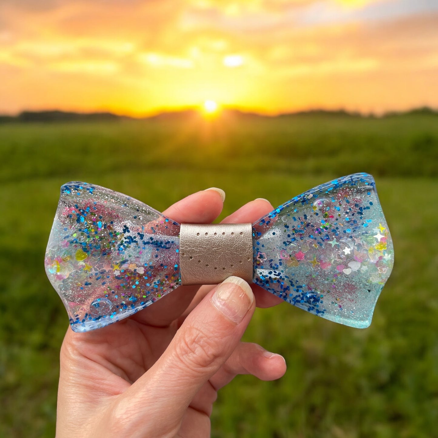 Resin Glitter Bow Tie - "River of Hearts"