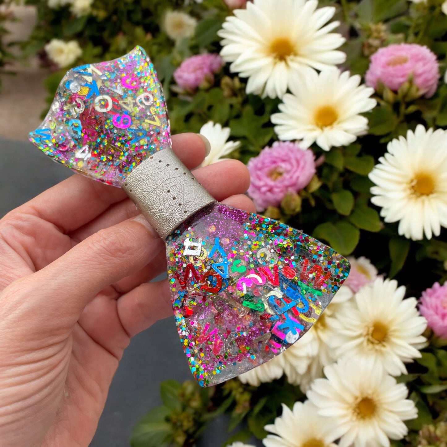 Resin Glitter Bow Tie - "My favorite letter is "M""