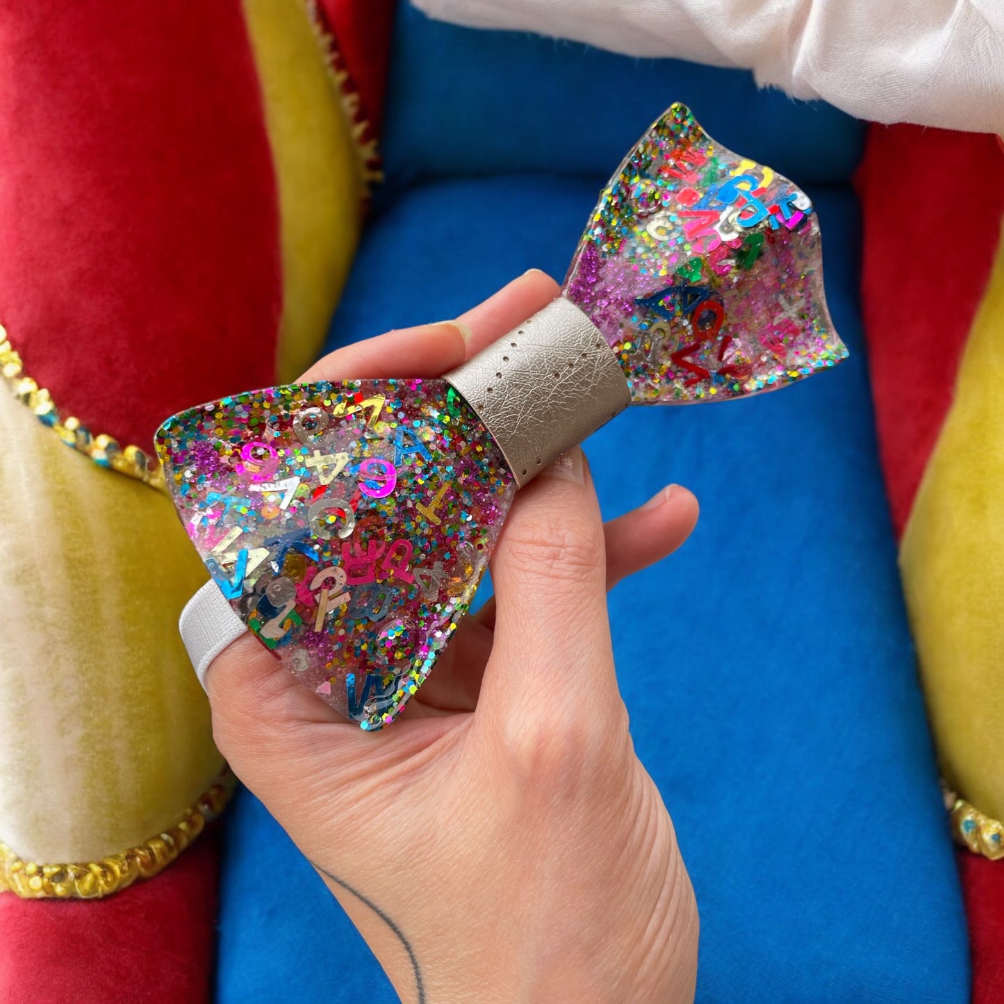 Resin Glitter Bow Tie - "My favorite letter is "M""