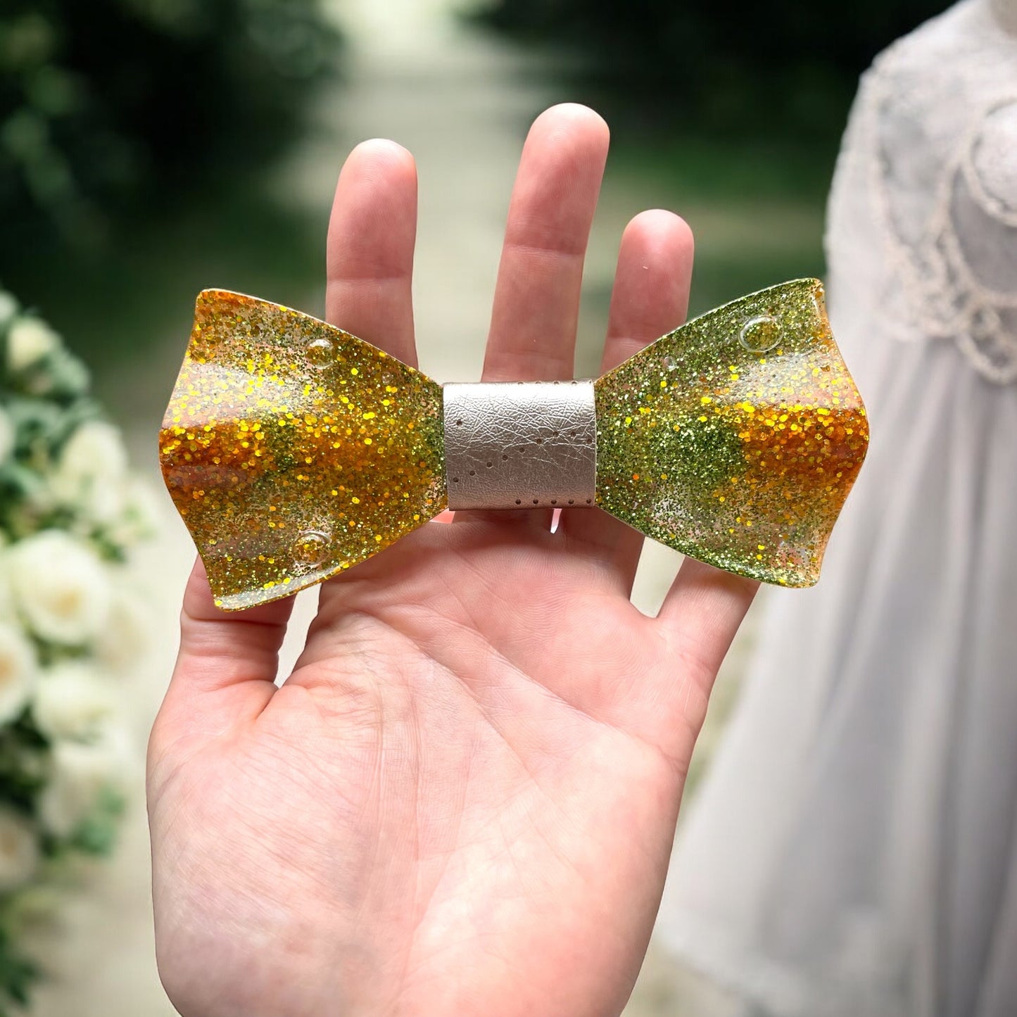 Glitter Resin Bow Tie - "Orange and Green"