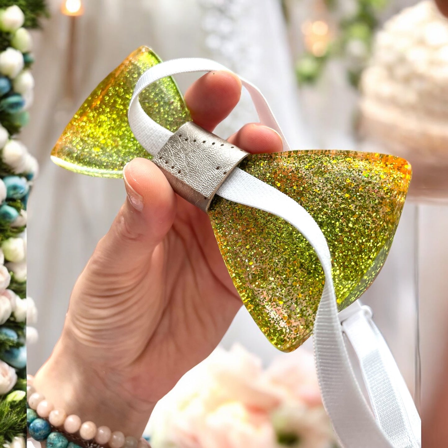 Glitter Resin Bow Tie - "Orange and Green"
