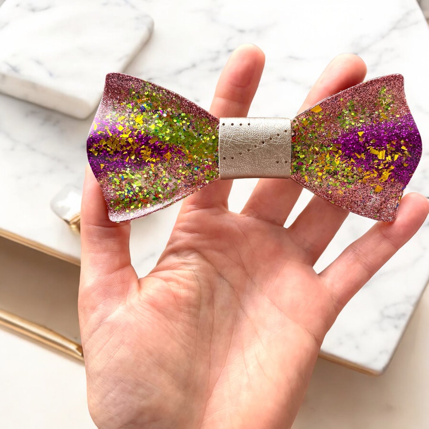 Glitter Resin Bow Tie - "Green and Purple"