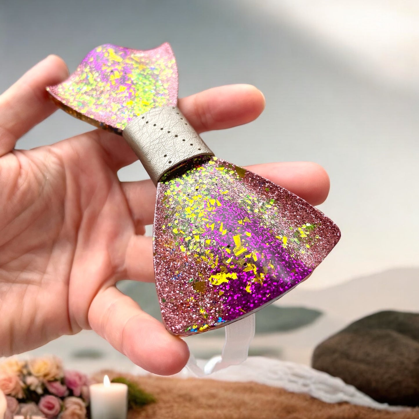 Glitter Resin Bow Tie - "Green and Purple"