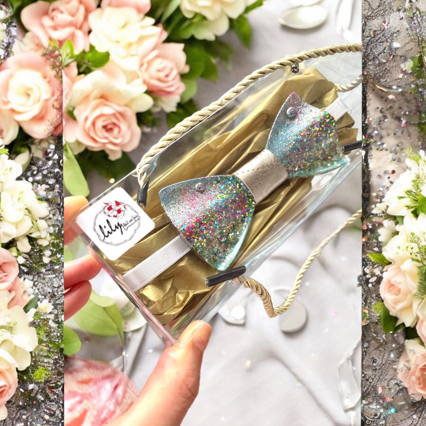 Glitter Resin Bow Tie - "Rainbow Drops"