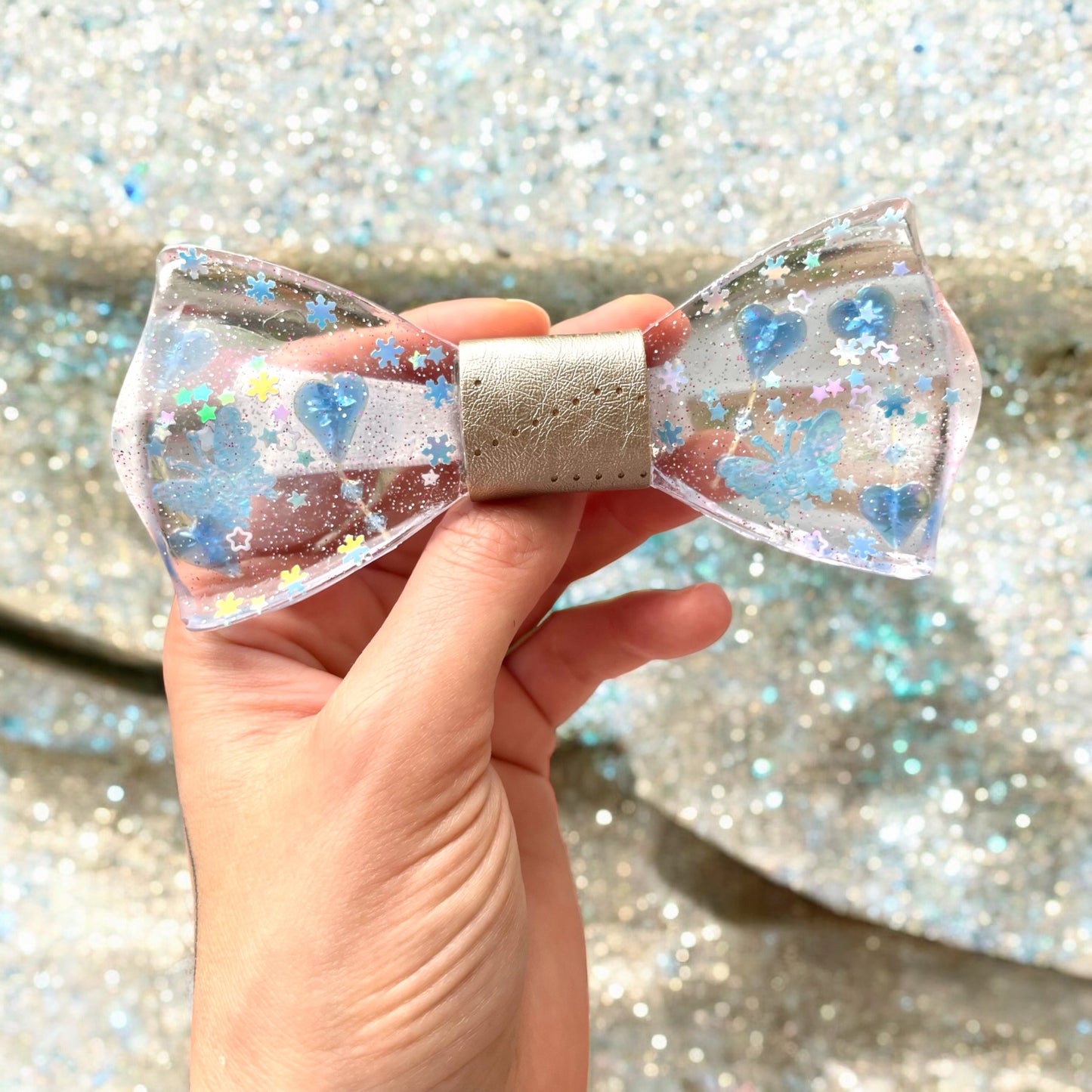 Glitter Resin Bow Tie - "Hearts and Snowflakes"