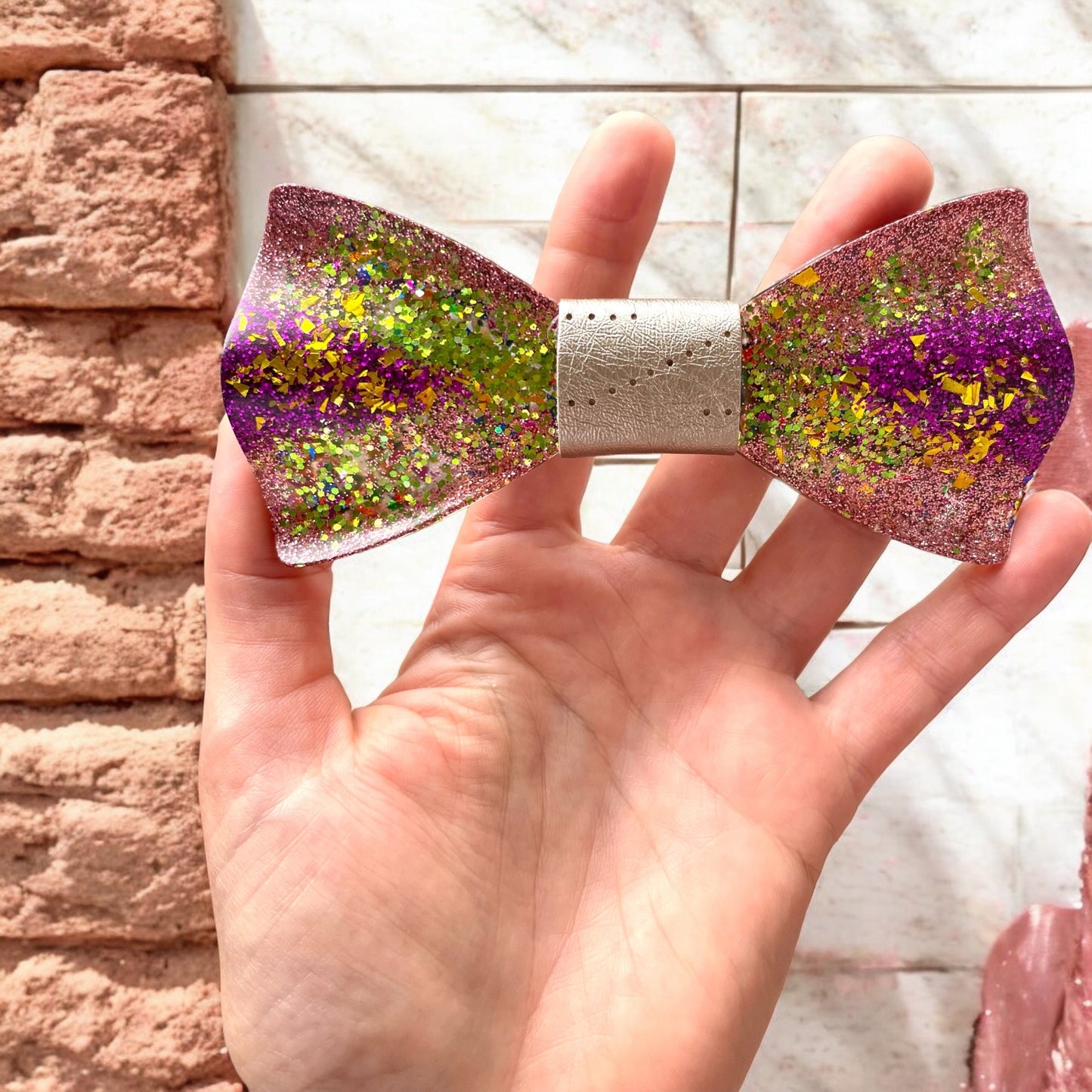 Glitter Resin Bow Tie - "Green and Purple"