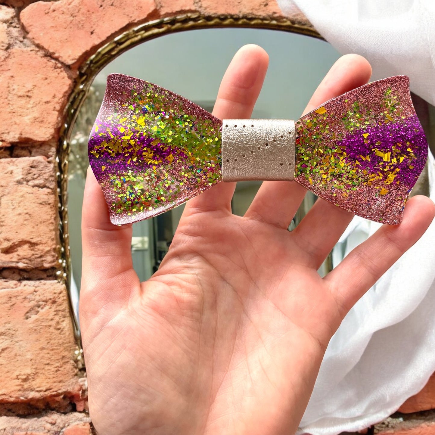 Glitter Resin Bow Tie - "Green and Purple"