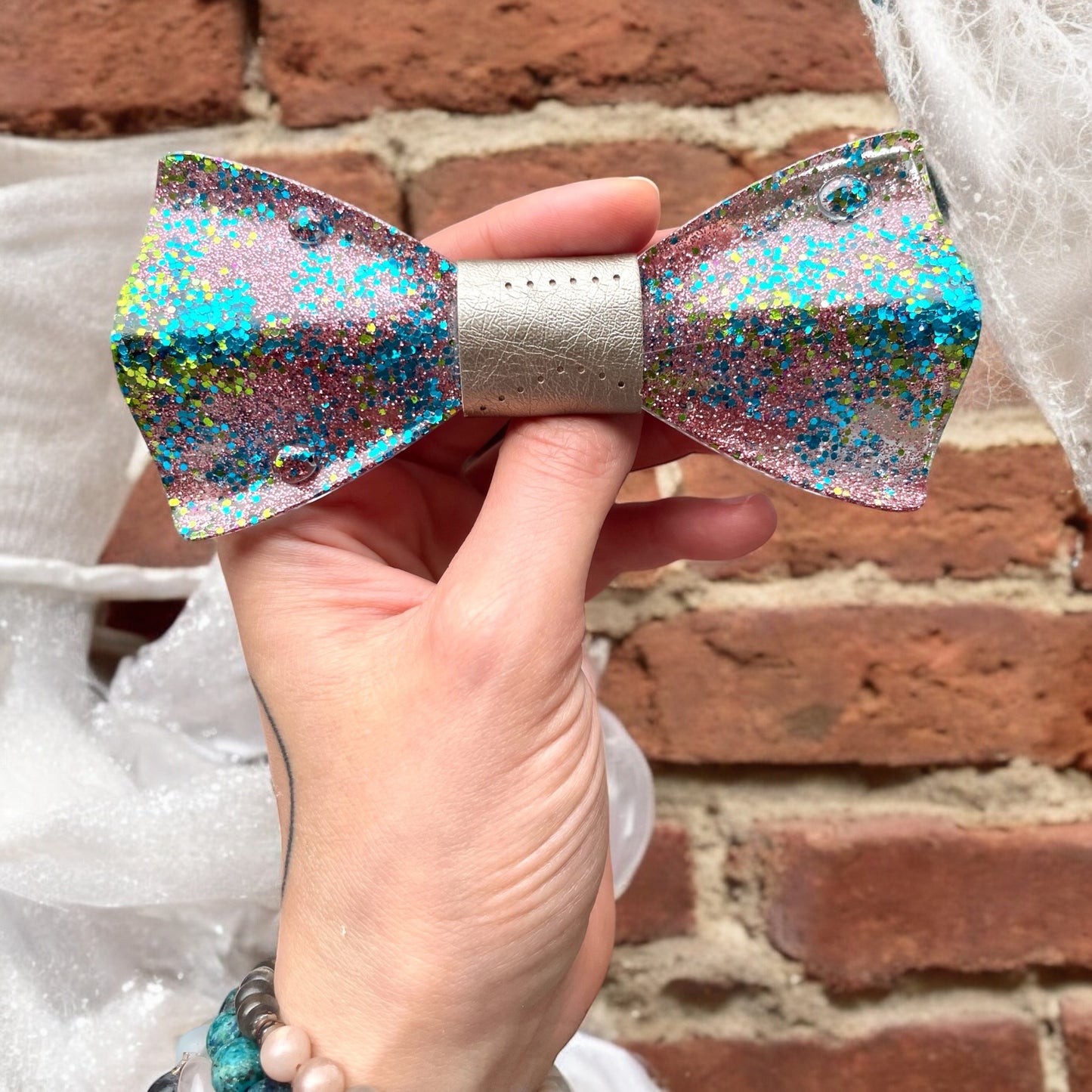 Glitter Resin Bow Tie - "Pink Blue Green"