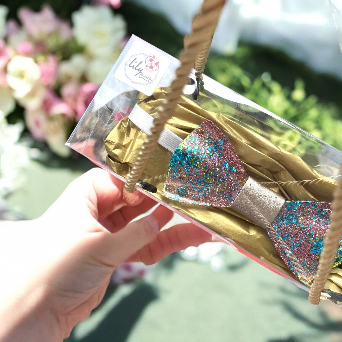 Glitter Resin Bow Tie - "Pink Blue Green"