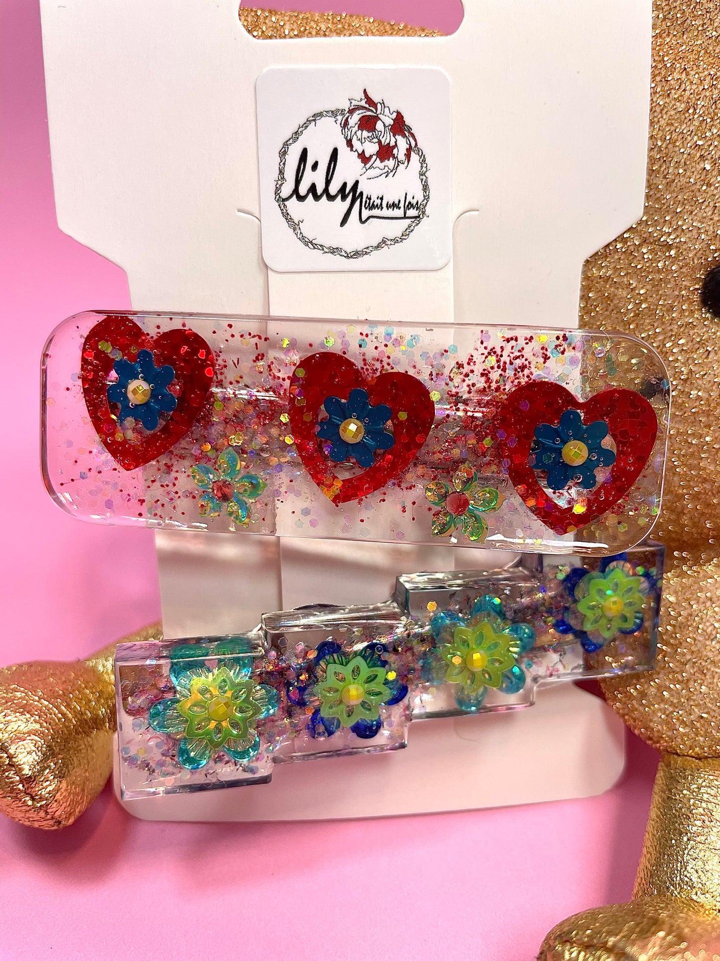 Duo of Hair Clips - Hearts and Flowers