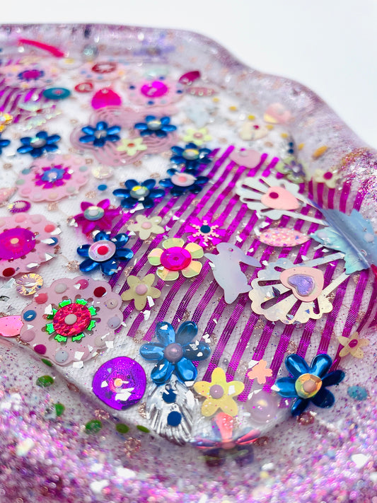 Plateau Décoratif en Résine avec Sequins et Perles - Mini Jardin Imaginaire Purple - Exclusivité Muz Fabrique